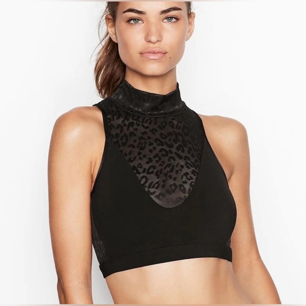 Victoria’s Secret Black Leopard Mesh Spilt High Neck Sports Bra Size Small